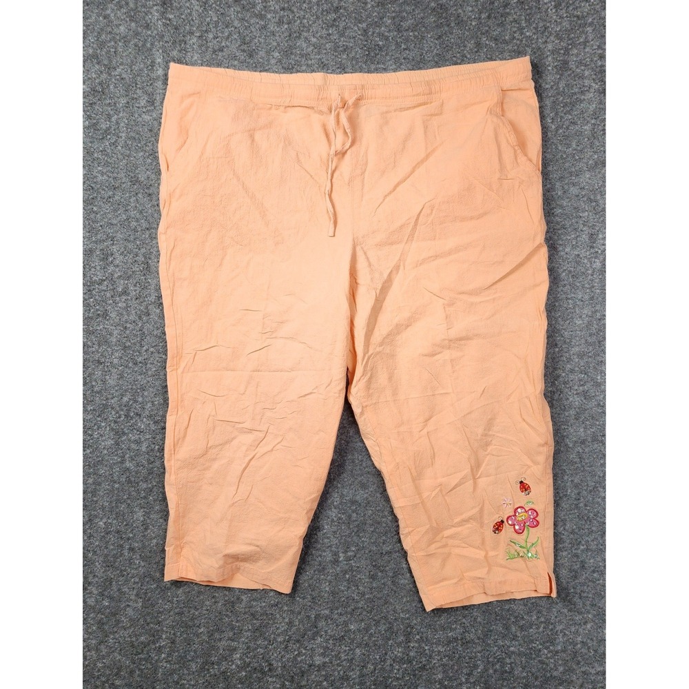 Jane Ashley Capri Pants Women 2X Peach Embroidered Flower Ladybug Cotton Casual